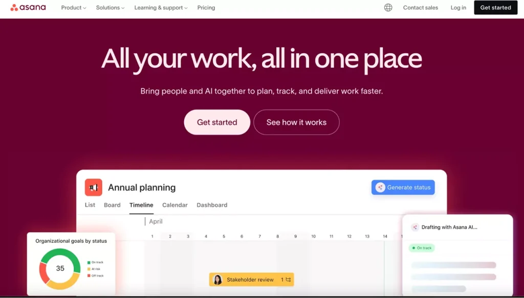 homepage of Asana, a great web app idea
