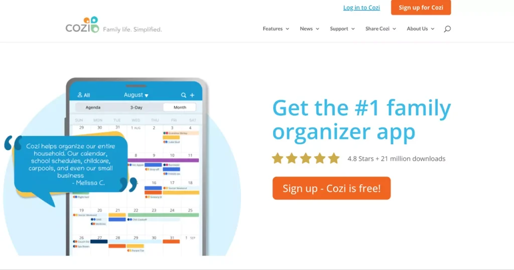 homepage of Cozi, a great web application idea