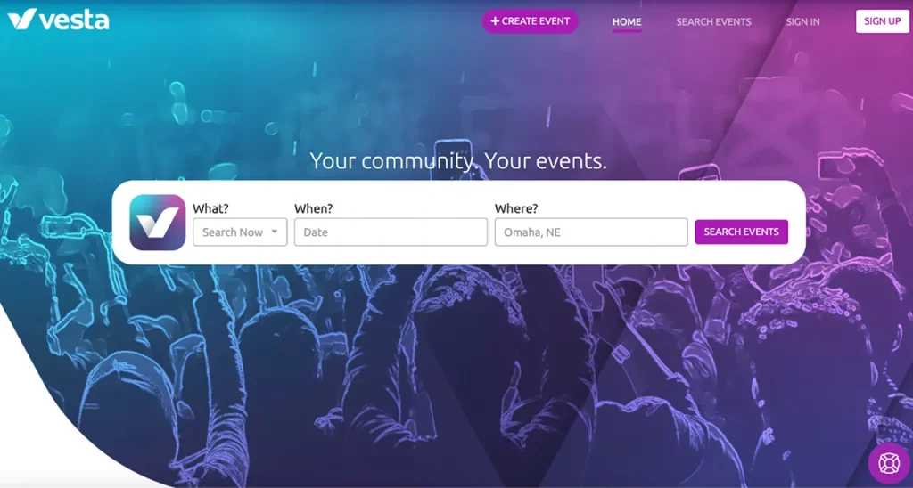 homepage of Event Vesta web app, a great web application idea