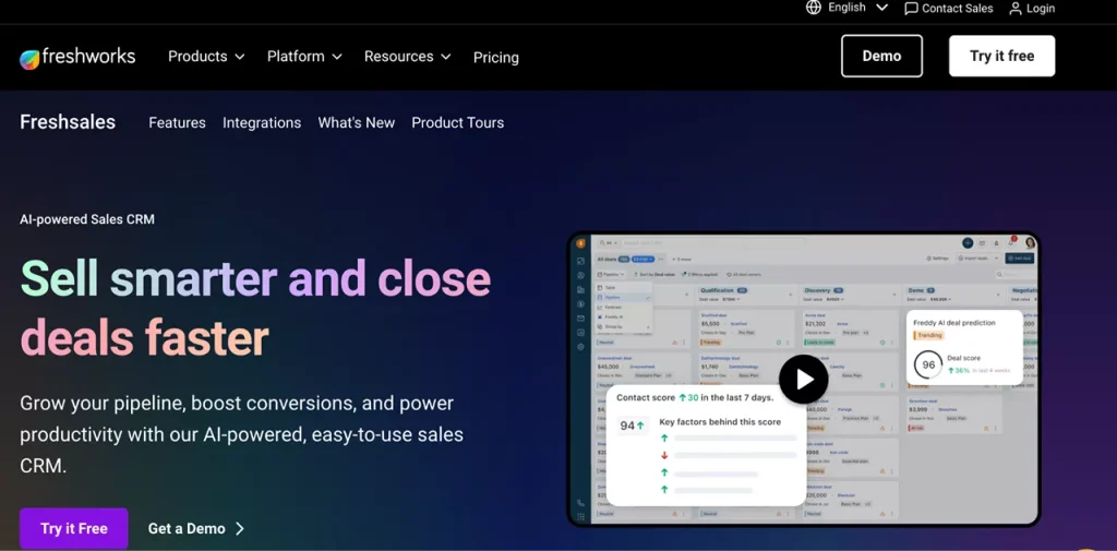 homepage of Freshsales web app - a robust CRM platform