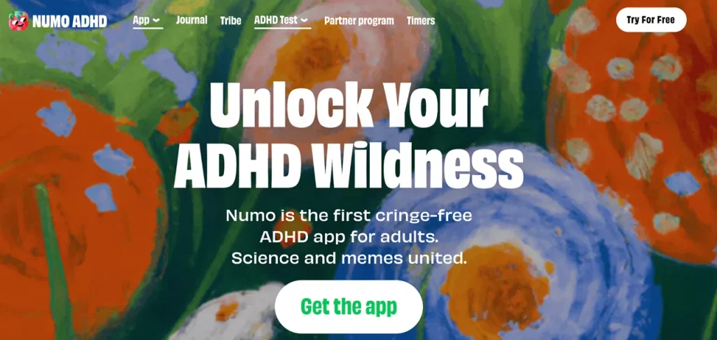 homepage of Numo ADHD web app for mental health