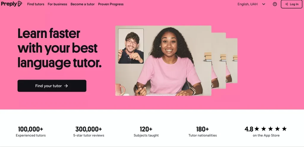 homepage of Preply - one of the top web applications