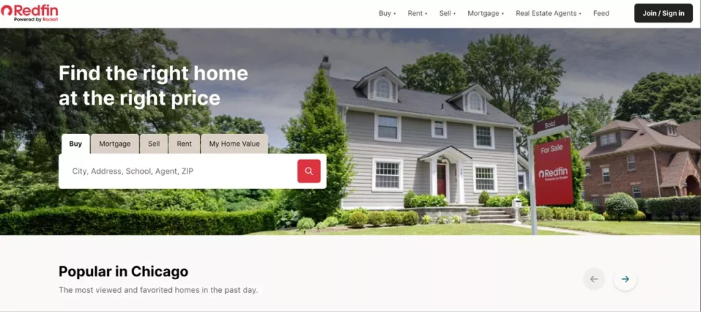 homepage of Redfin web app, a great web application idea