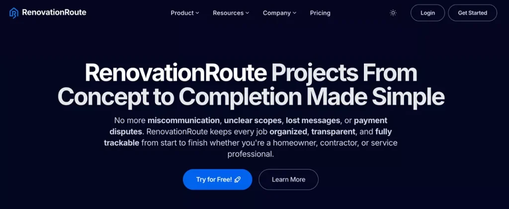 homepage of RenovationRoute on-demand home service web app