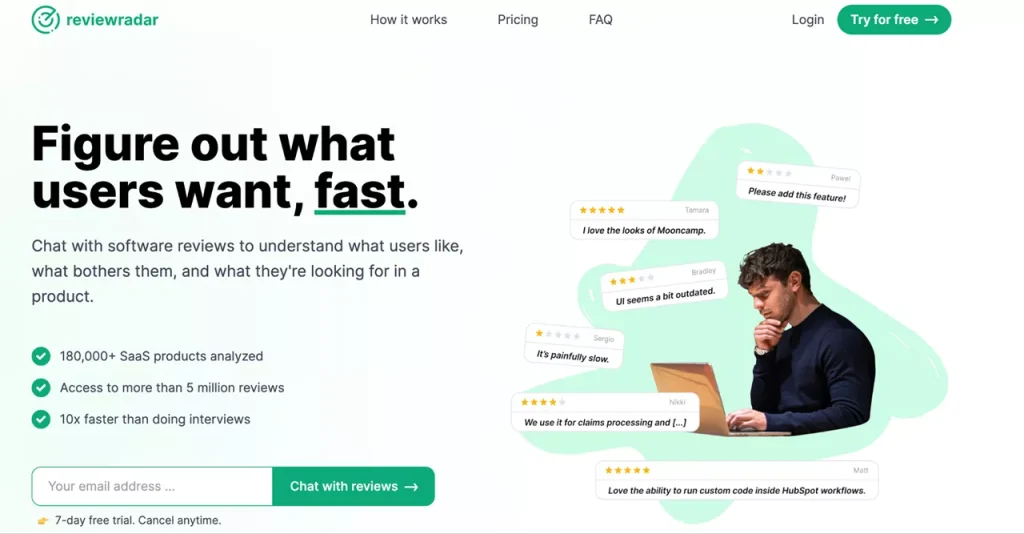 homepage of Review Radar, a great web application idea