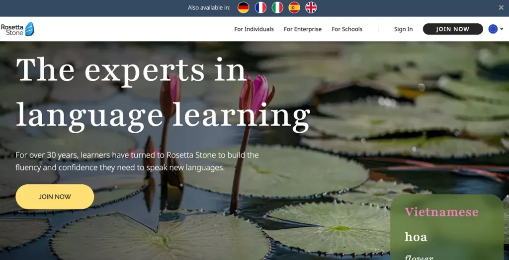 homepage of the Rosetta Stone web app for learning languages