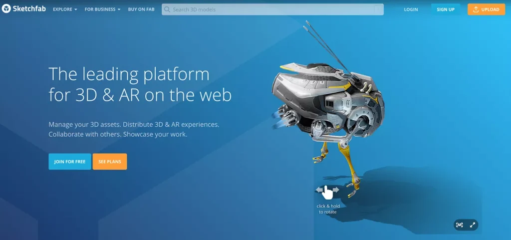 homepage of Sketchfab web app for managing 3D assets