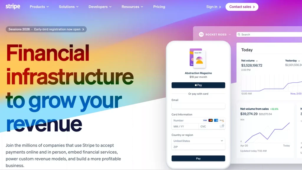  homepage of Stripe, one of the top web apps for 2026