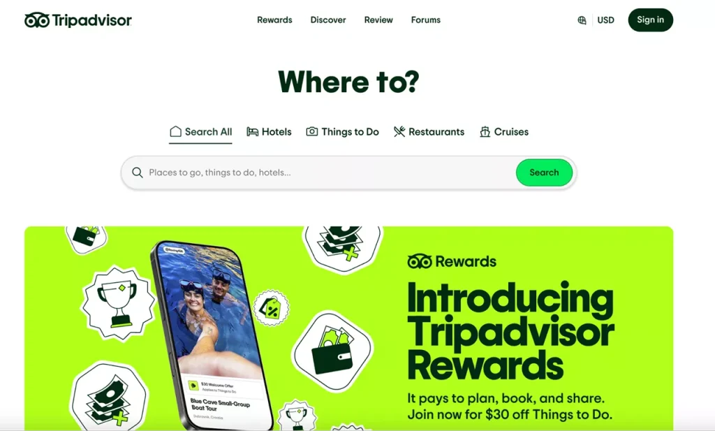 homepage of TripAdvisor web app for online booking - a great web application idea