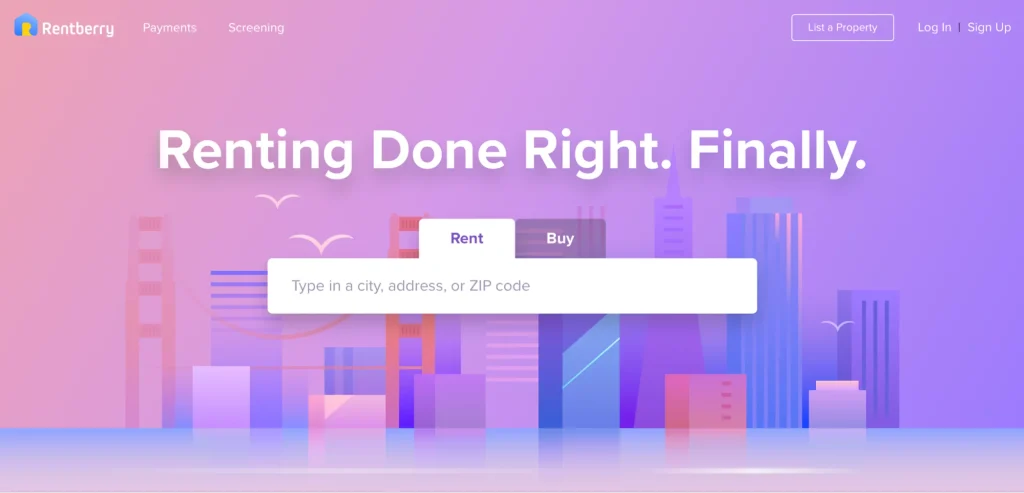 The web page of Rentberry, a  prominent real estate startup