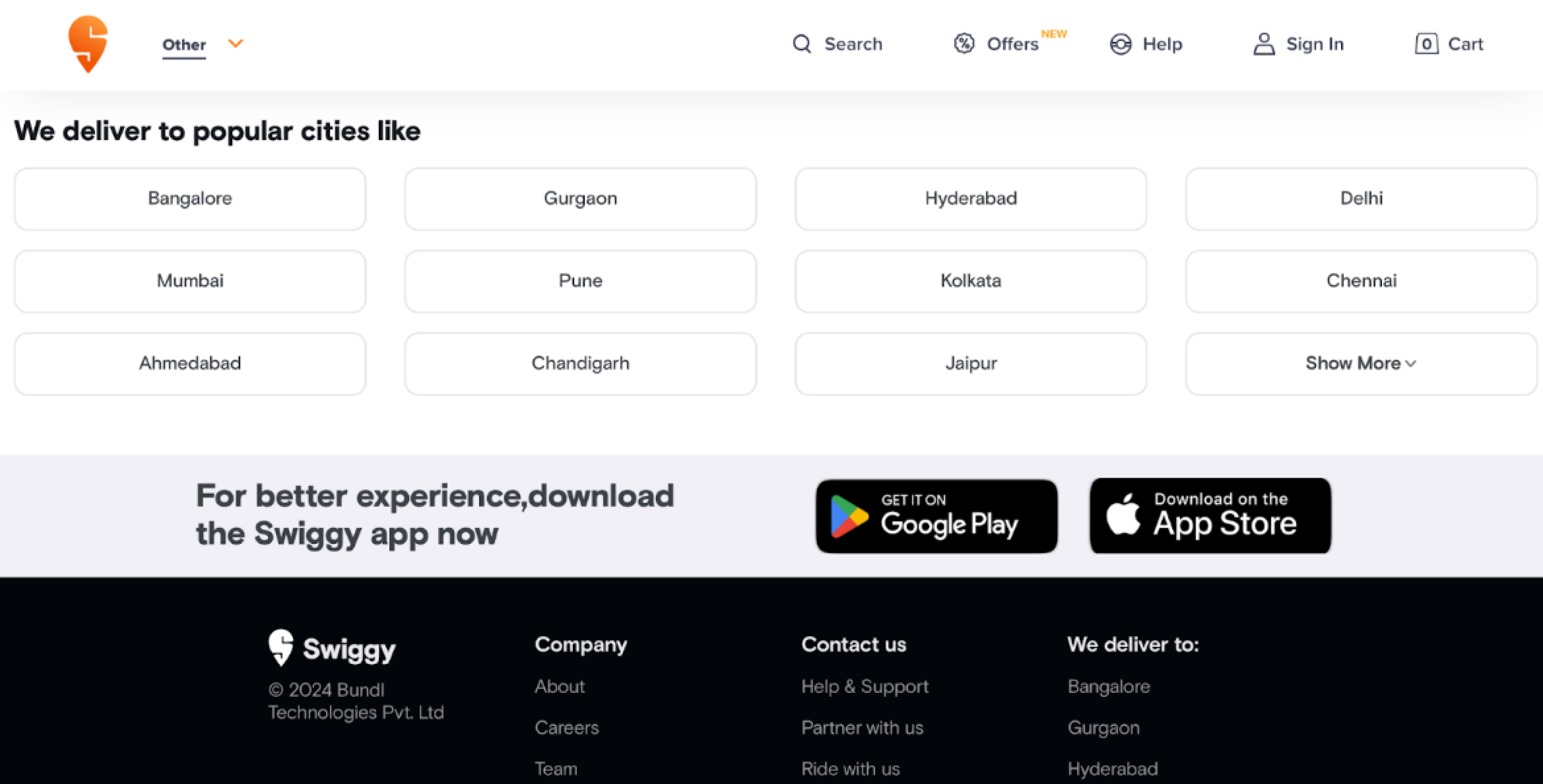 Swiggy delivery app Swiggy main page