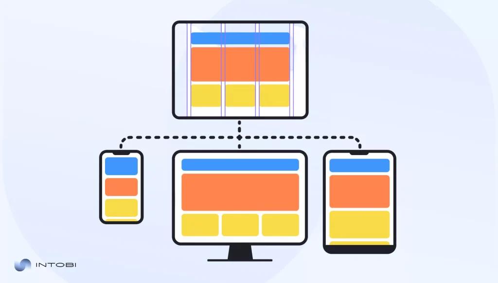 Illustration of a responsive website layout displayed on a tablet, desktop computer, and smartphone.
